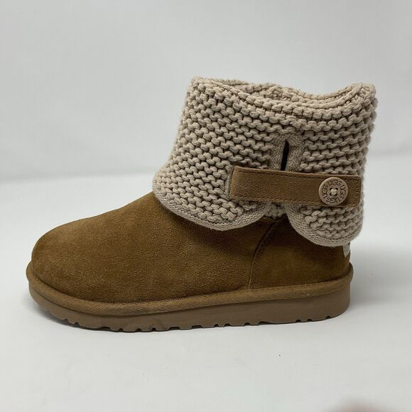 UGG Darrah Girls Sweater Knit Chestnut Suede Sheepskin Foldover Button 5 Kids - Picture 2 of 16